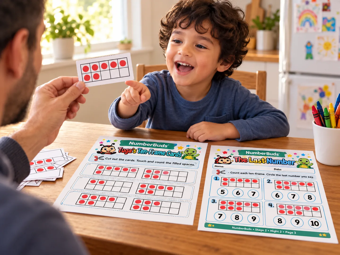 Dad flashing a NumberBuds ten-frame card while his son says seven