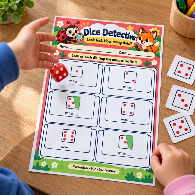 Two kids rolling a die over the Dice Detective page